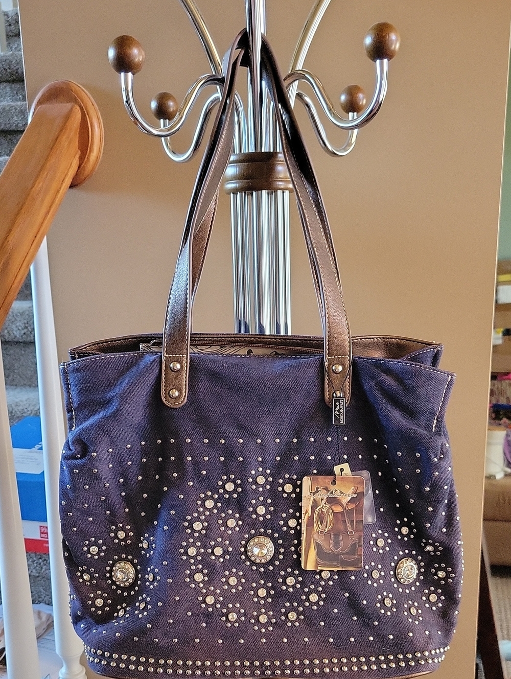 Studded Purple Tote Bag with Brown Handles and Silver Studs